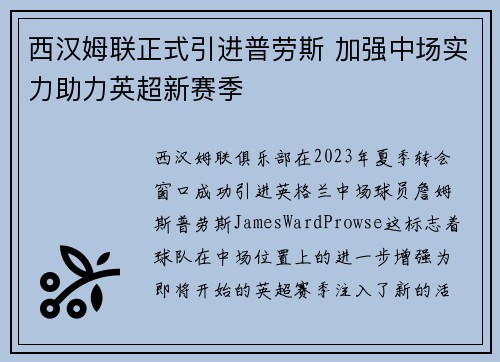 西汉姆联正式引进普劳斯 加强中场实力助力英超新赛季 西汉姆联正式引进普劳斯 加强中场实力助力英超新赛季